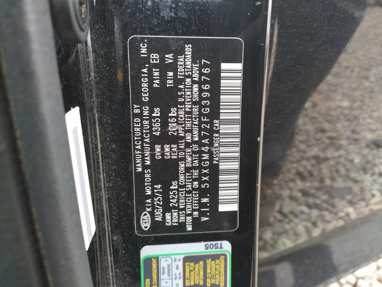Photo 10 from auction – 2015 KIA OPTIMA with VIN 5XXGM4A72FG396767