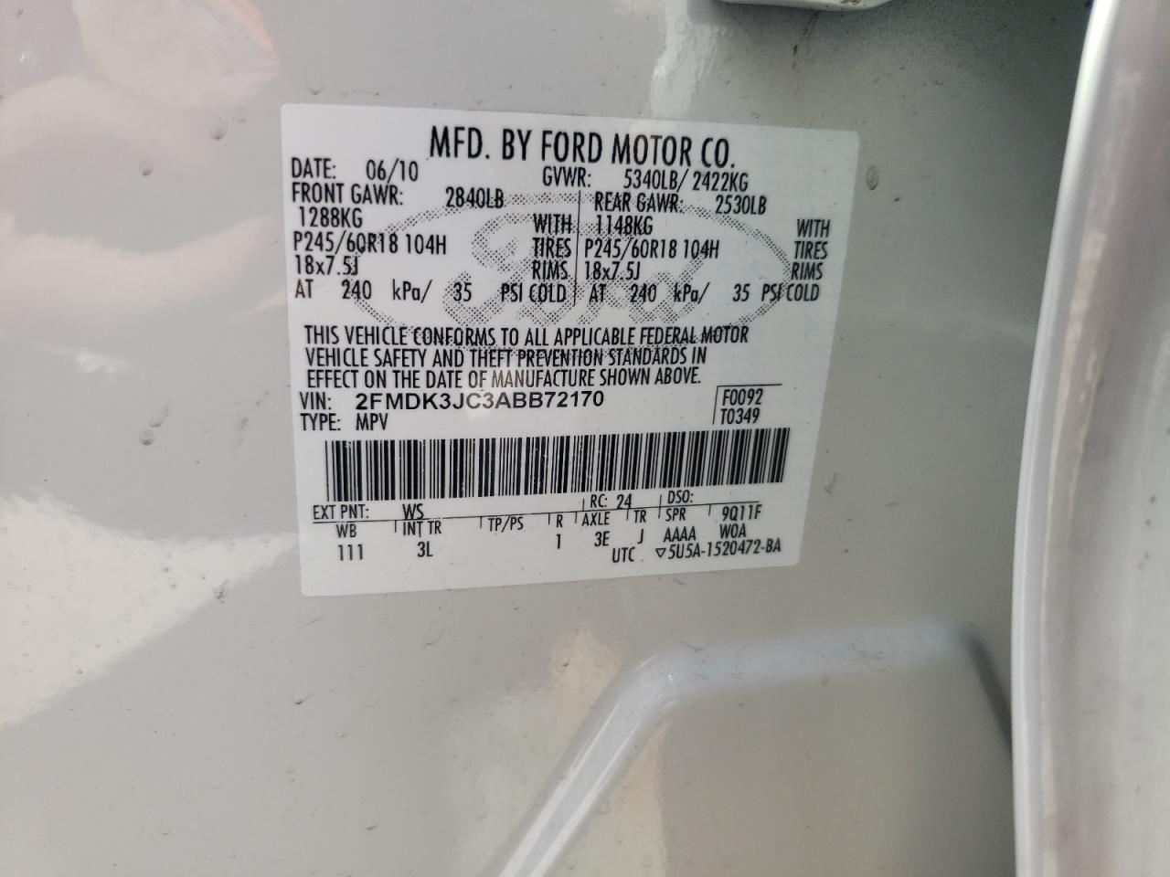 Photo 10 from auction – 2010 FORD EDGE SEL with VIN 2FMDK3JC3ABB72170