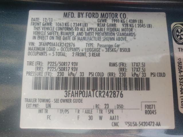 Photo 10 from auction – 2012 FORD FUSION SEL with VIN 3FAHP0JA1CR242876
