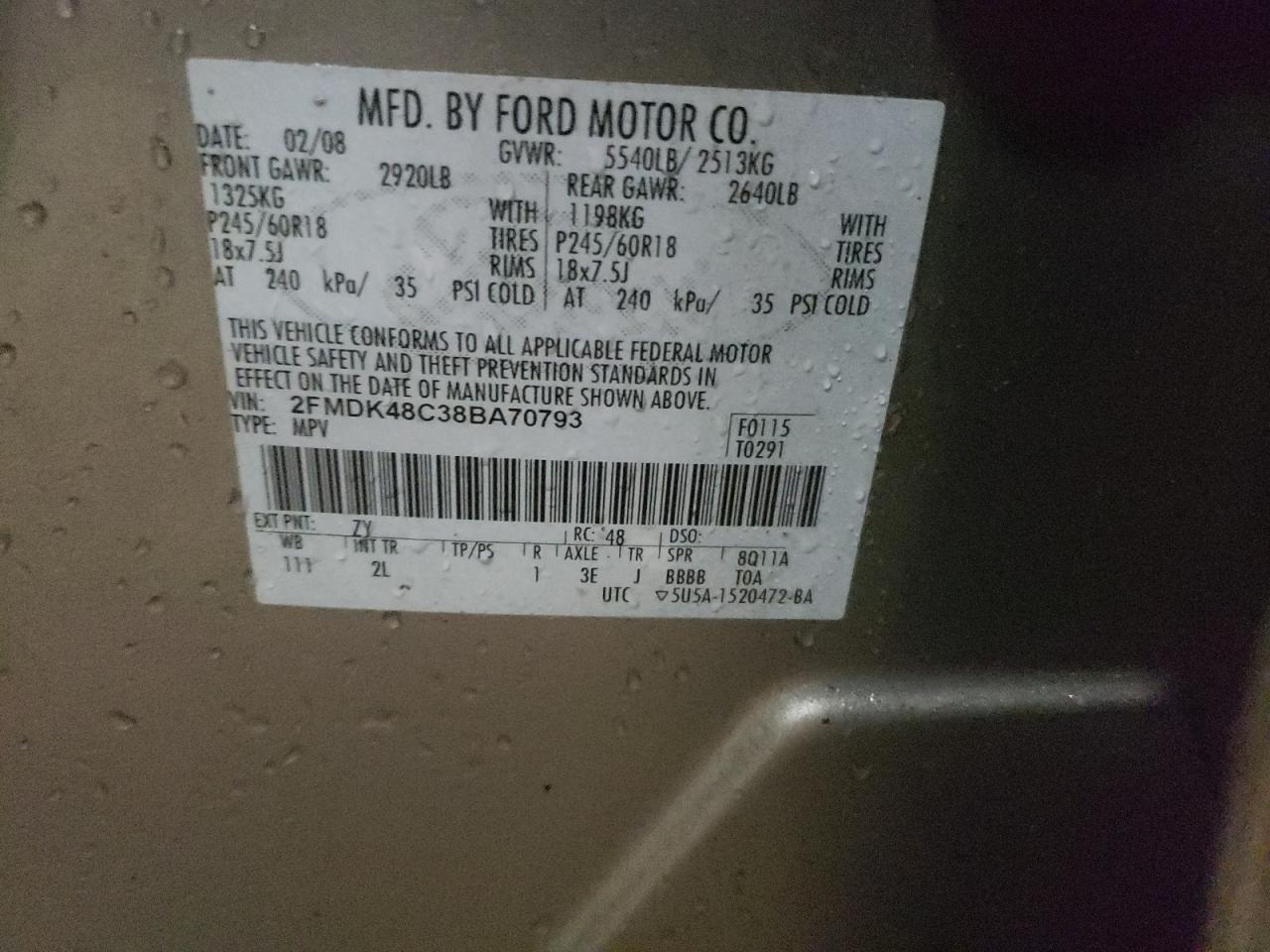 Photo 10 from auction – 2008 FORD EDGE SEL with VIN 2FMDK48C38BA70793
