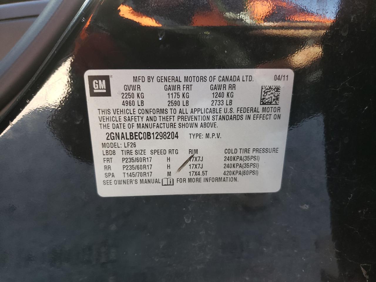 Photo 10 from auction – 2011 CHEVROLET EQUINOX LS with VIN 2GNALBEC0B1298204