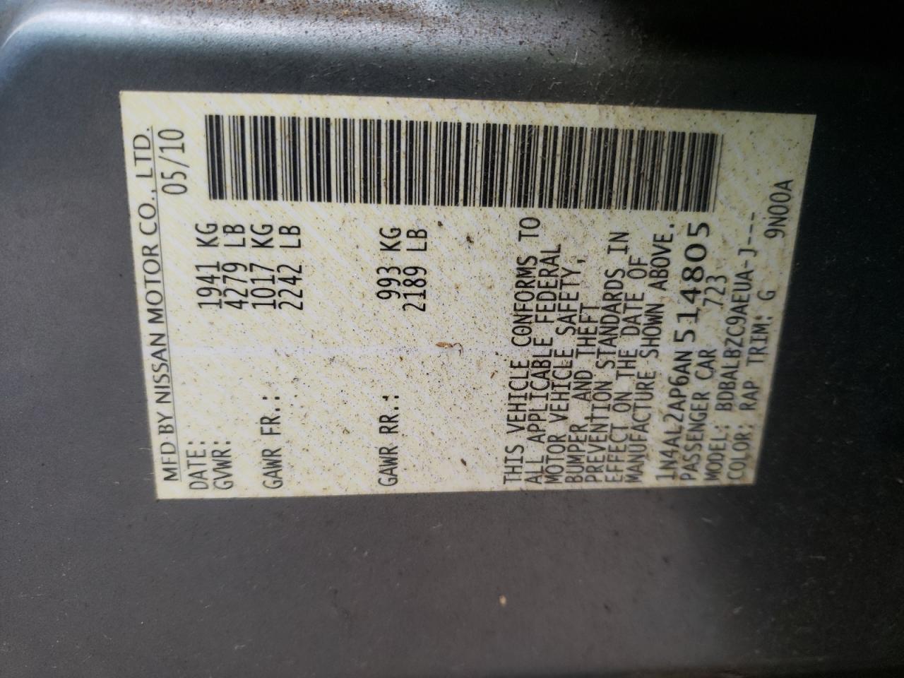 Photo 10 from auction – 2010 NISSAN ALTIMA BAS with VIN 1N4AL2AP6AN514805