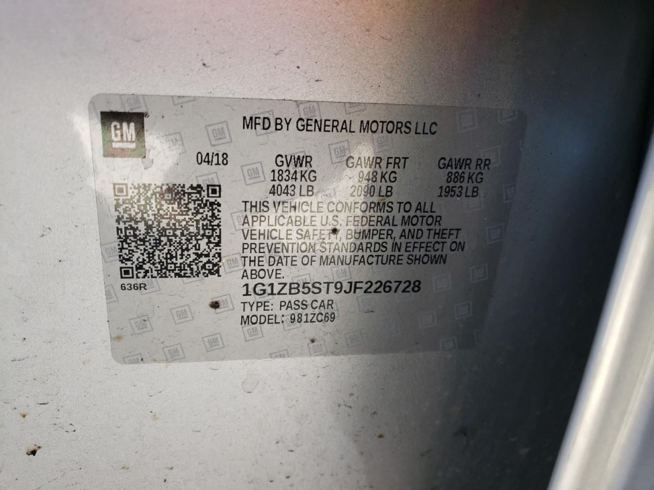 Photo 10 from auction – 2018 CHEVROLET MALIBU LS with VIN 1G1ZB5ST9JF226728