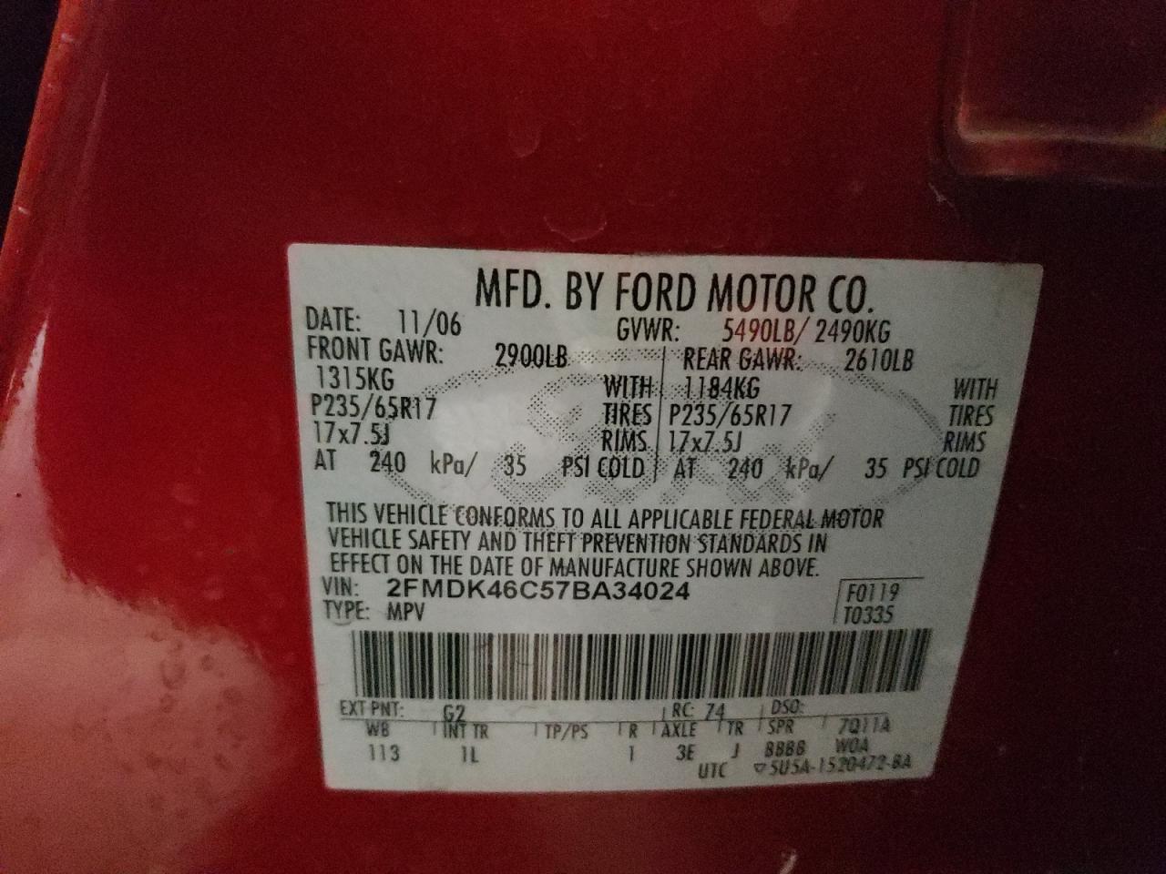 Photo 10 from auction – 2007 FORD EDGE SE with VIN 2FMDK46C57BA34024