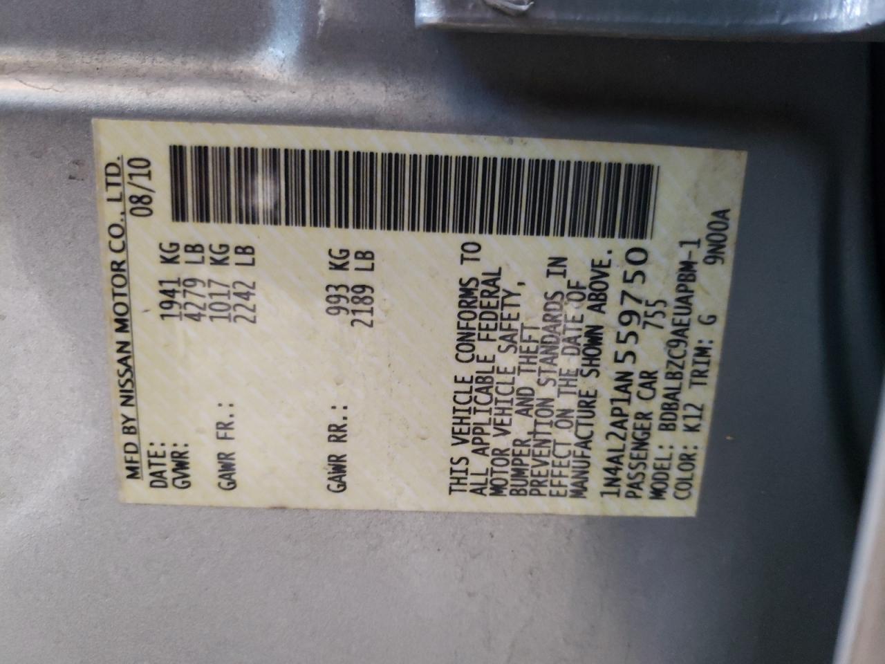 Photo 10 from auction – 2010 NISSAN ALTIMA BAS with VIN 1N4AL2AP1AN559750