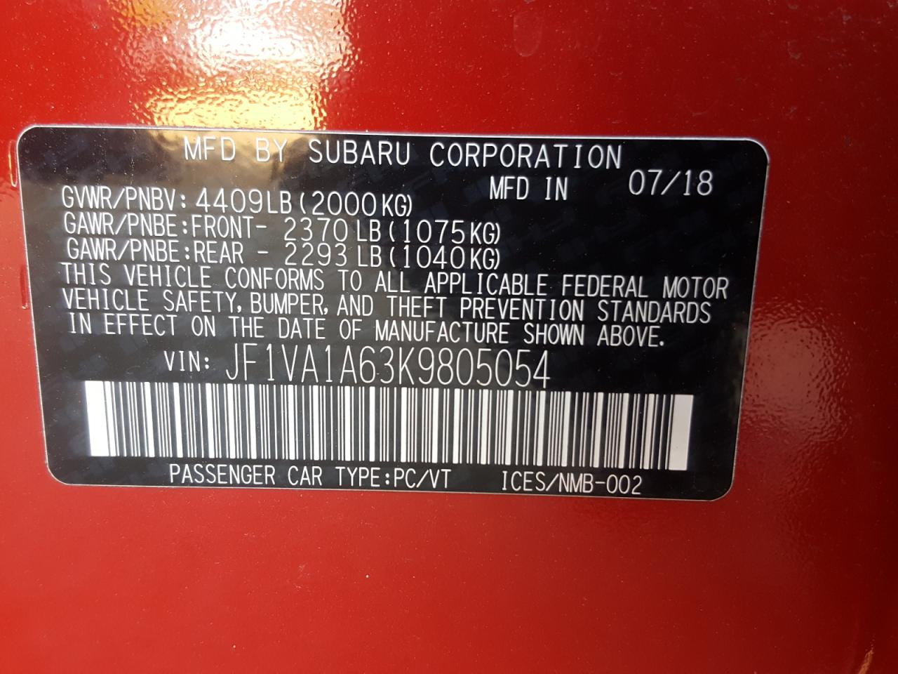 Photo 10 from auction – 2019 SUBARU WRX with VIN JF1VA1A63K9805054
