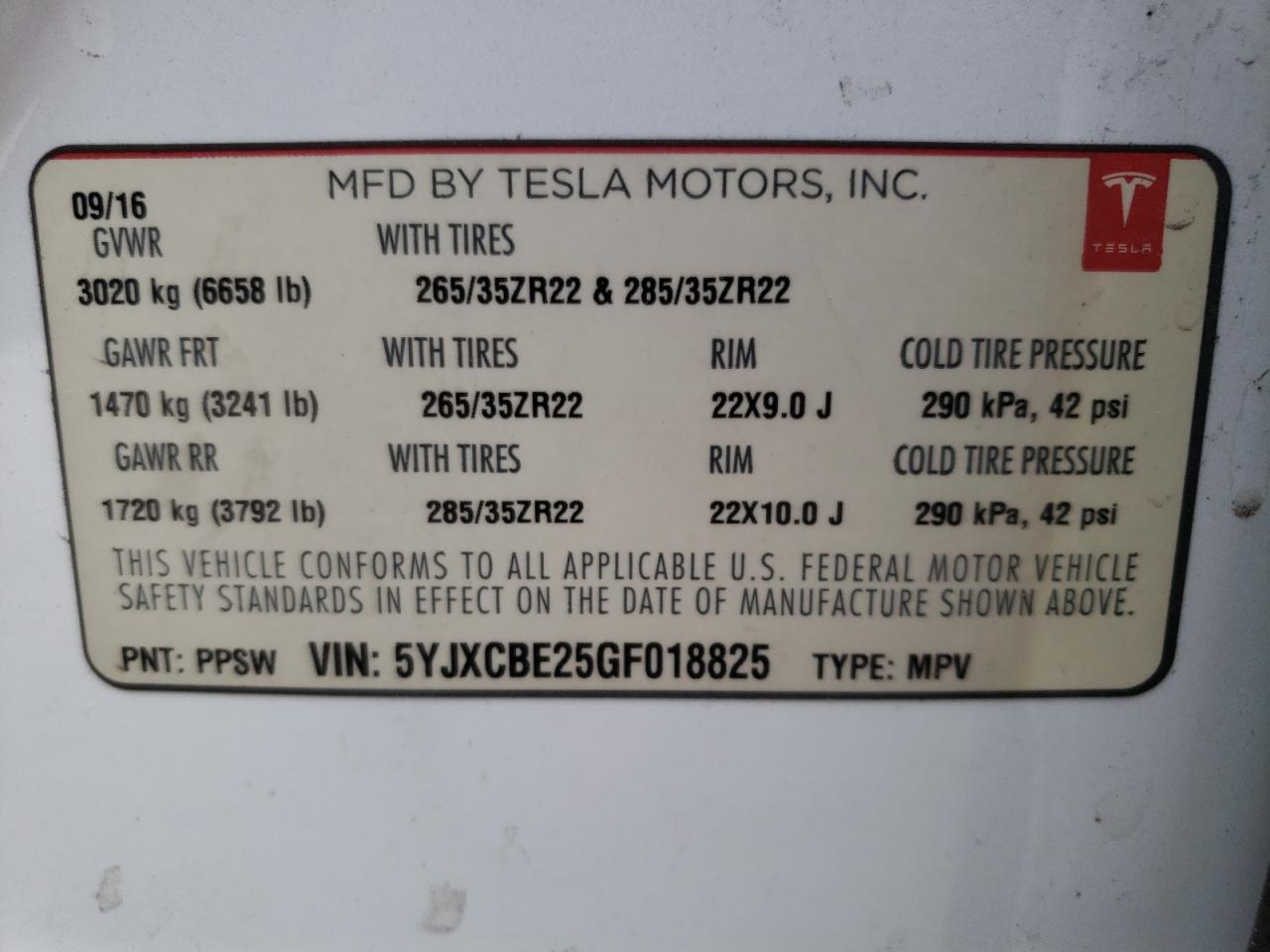 Photo 10 from auction – 2016 TESLA MODEL X with VIN 5YJXCBE25GF018825