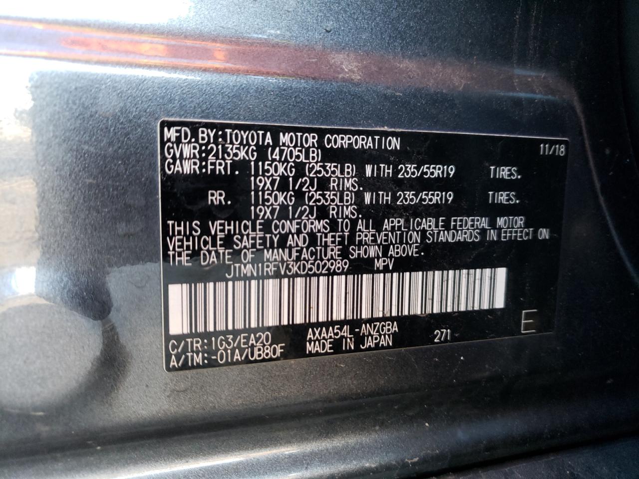 Photo 10 from auction – 2019 TOYOTA RAV4 LIMIT with VIN JTMN1RFV3KD502989