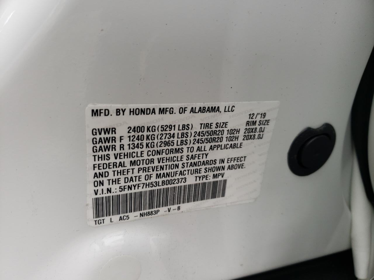 Photo 10 from auction – 2020 HONDA PASSPORT E with VIN 5FNYF7H53LB002373