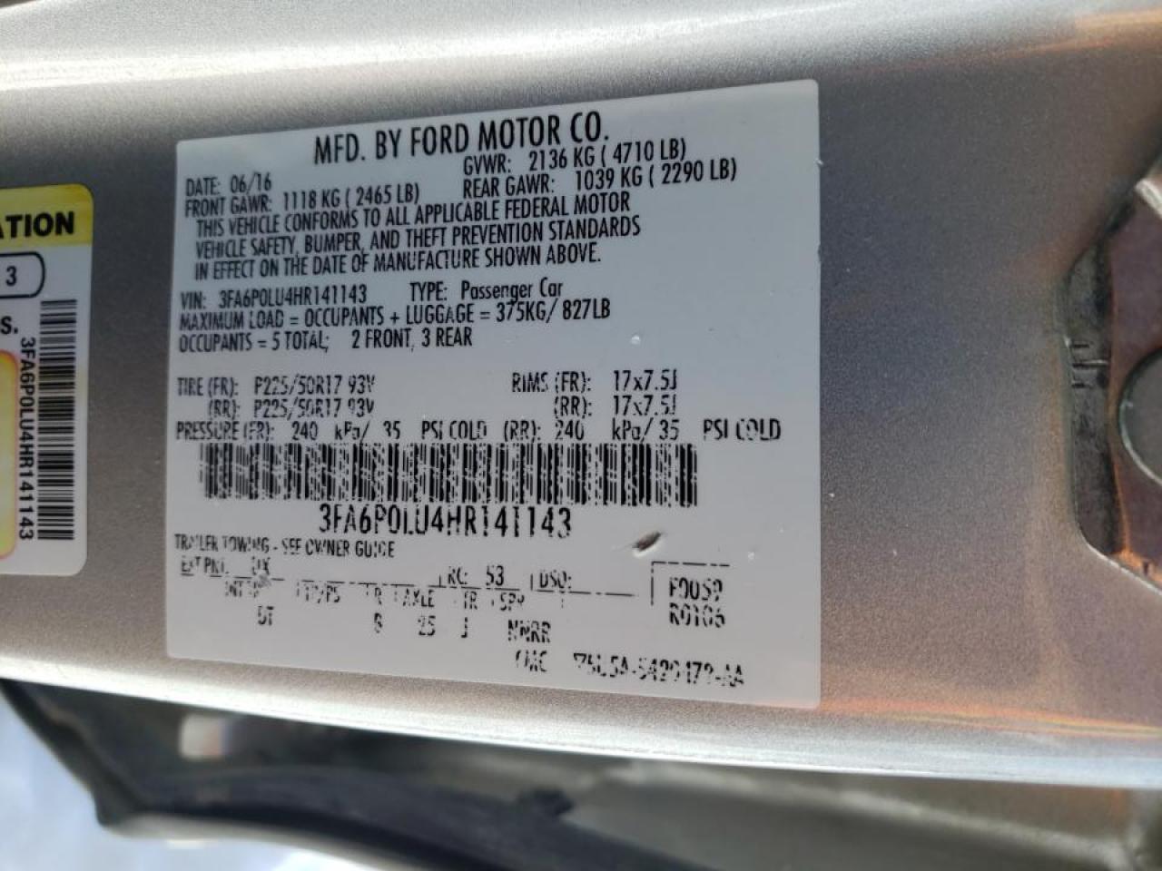 Photo 10 from auction – 2017 FORD FUSION SE with VIN 3FA6P0LU4HR141143