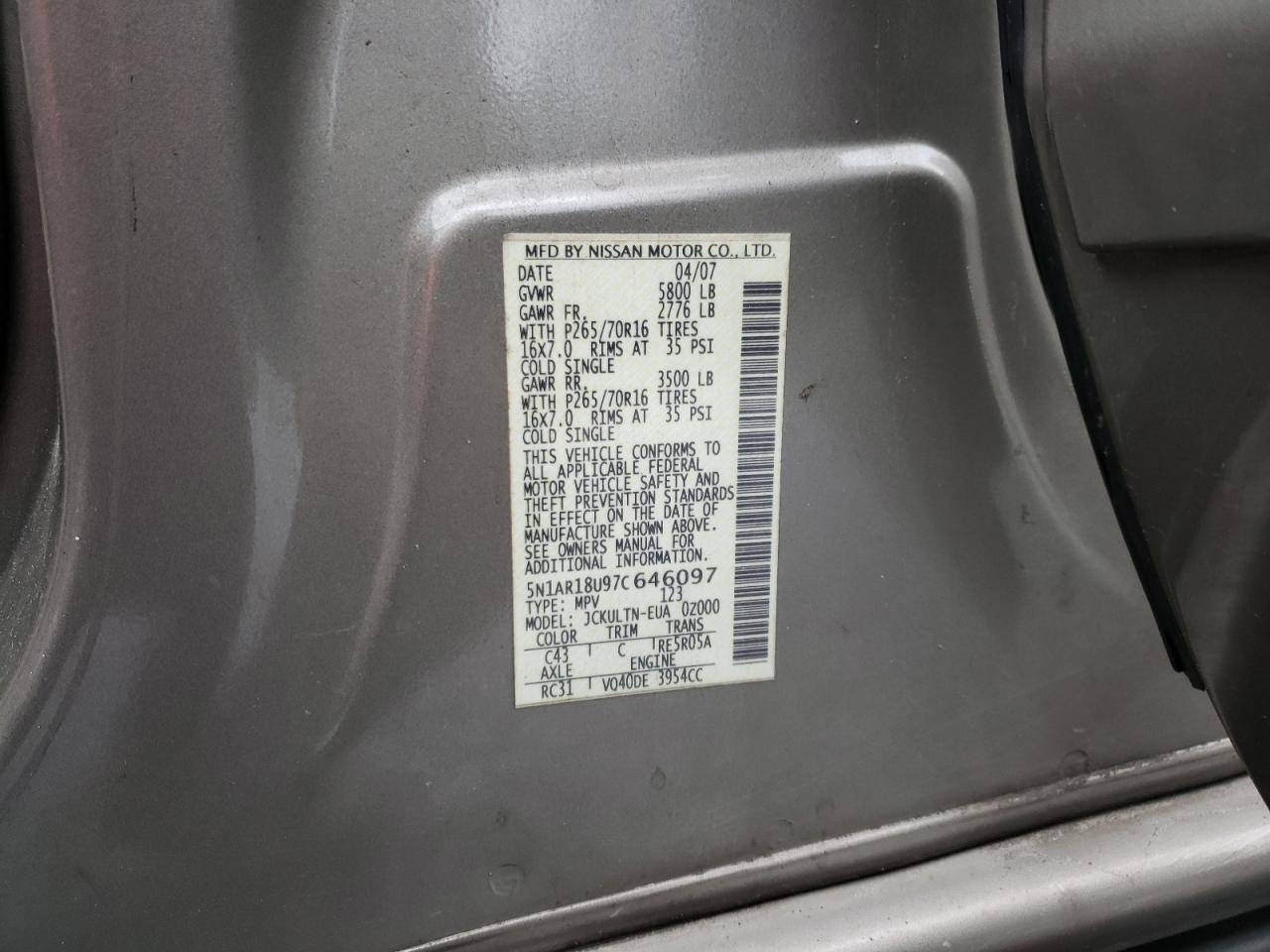 Photo 10 from auction – 2007 NISSAN PATHFINDER with VIN 5N1AR18U97C646097