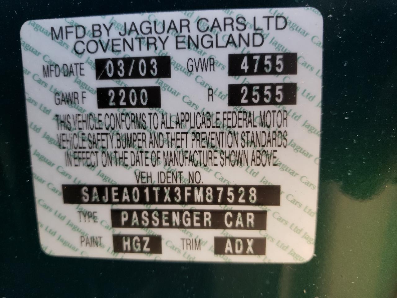 Photo 10 from auction – 2003 JAGUAR S-TYPE with VIN SAJEA01TX3FM87528