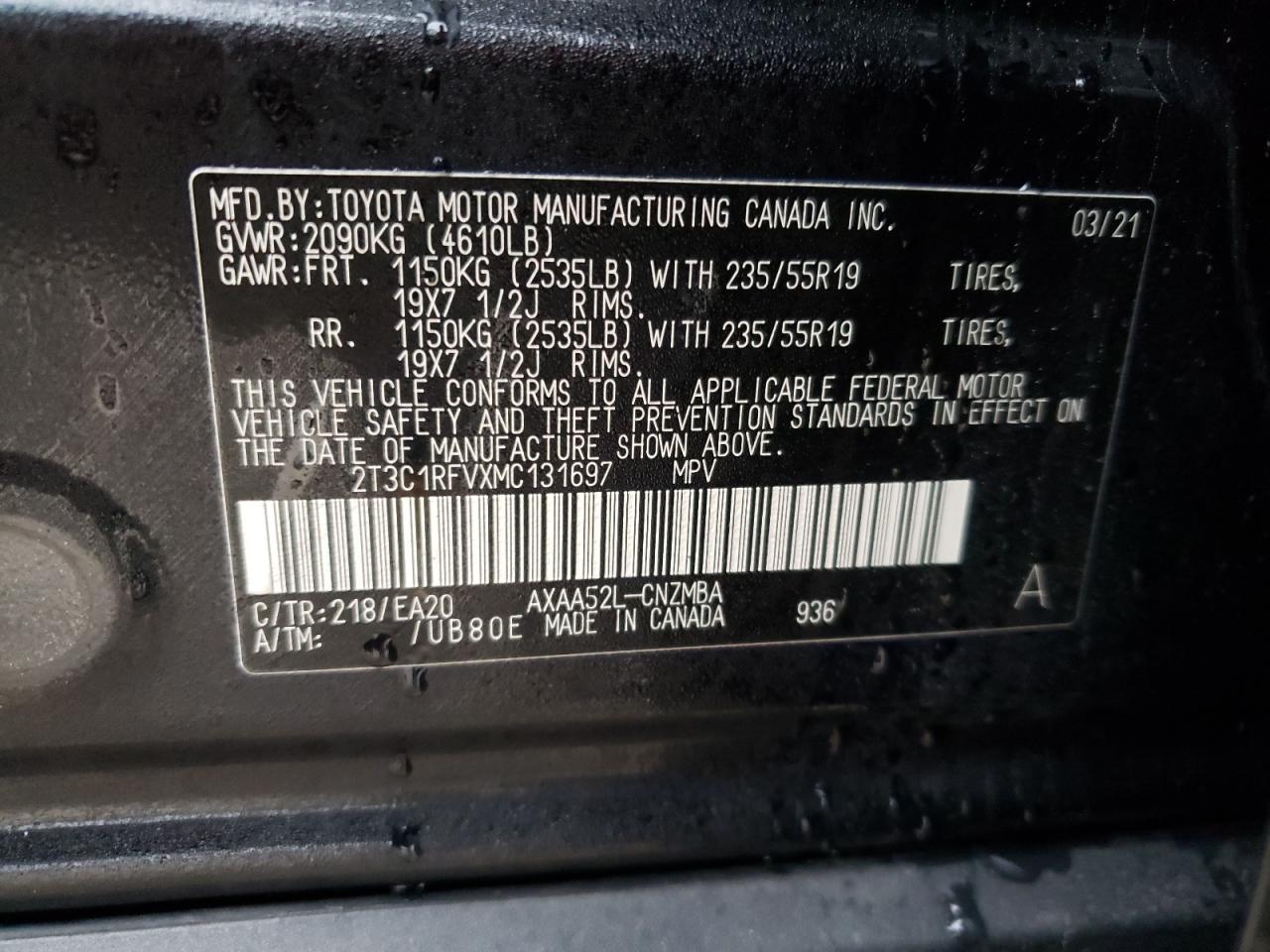 Photo 10 from auction – 2021 TOYOTA RAV4 XLE P with VIN 2T3C1RFVXMC131697