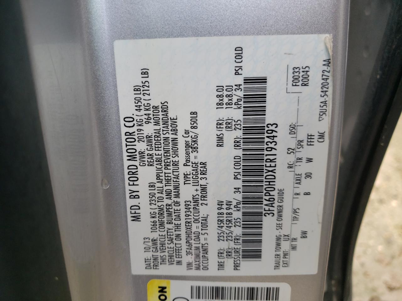 Photo 10 from auction – 2014 FORD FUSION SE with VIN 3FA6P0HDXER193493