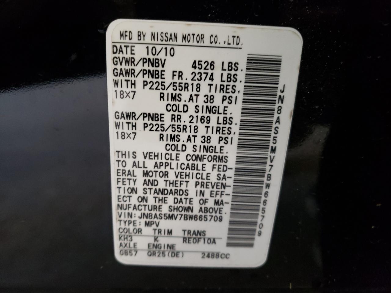 Photo 10 from auction – 2011 NISSAN ROGUE S with VIN JN8AS5MV7BW665709