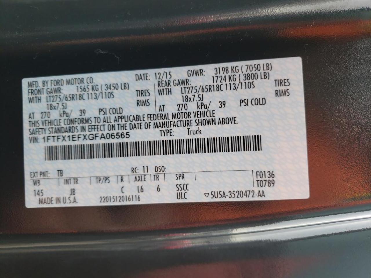 Foto 10 de la subasta – 2016 FORD F150 SUPER con VIN 1FTFX1EFXGFA06565