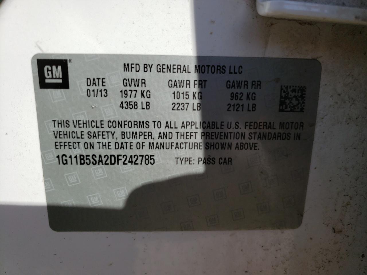 Photo 10 from auction – 2013 CHEVROLET MALIBU LS with VIN 1G11B5SA2DF242785