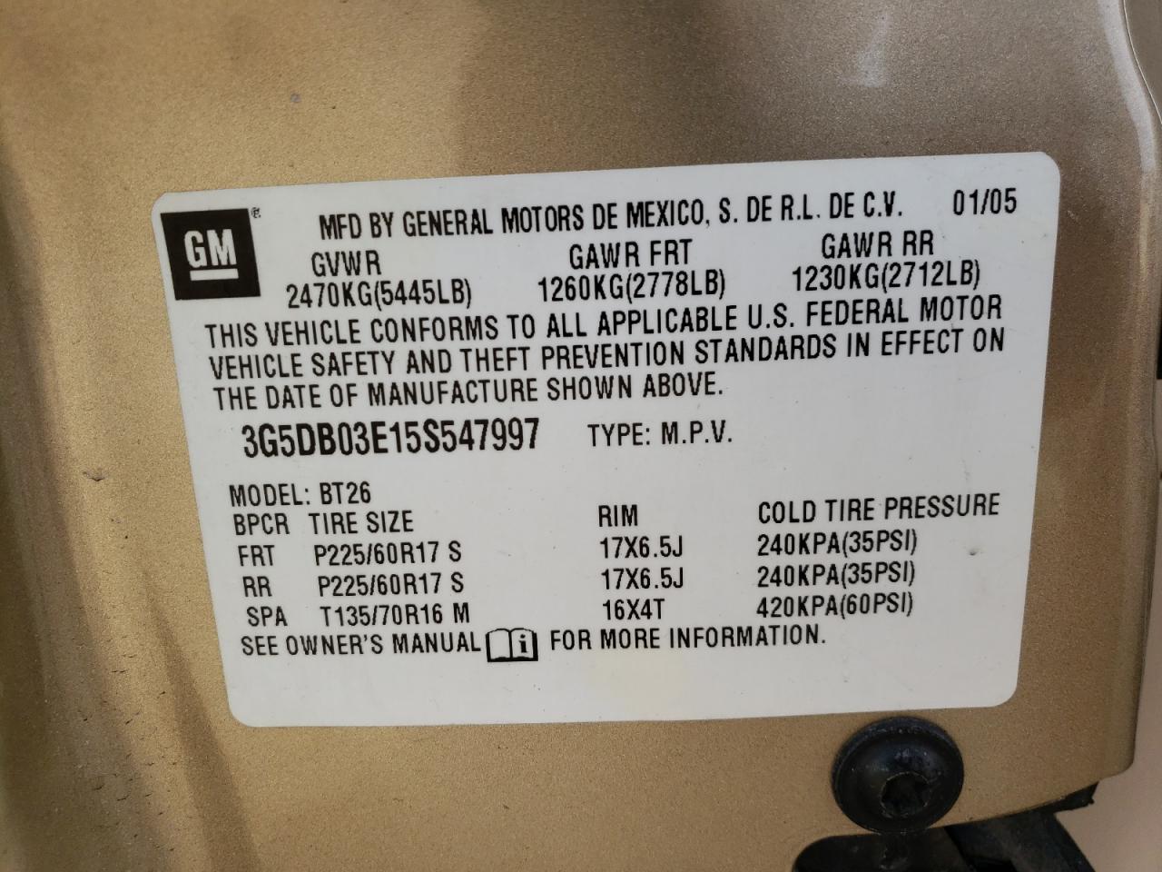 Photo 10 from auction – 2005 BUICK RENDEZVOUS with VIN 3G5DB03E15S547997