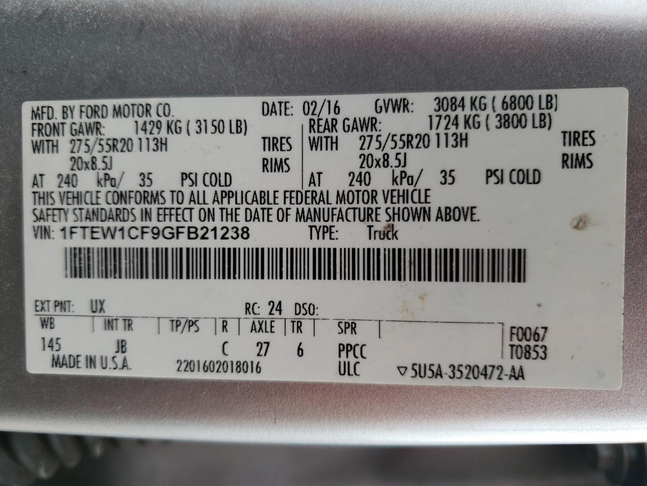 Photo 10 from auction – 2016 FORD F150 SUPER with VIN 1FTEW1CF9GFB21238