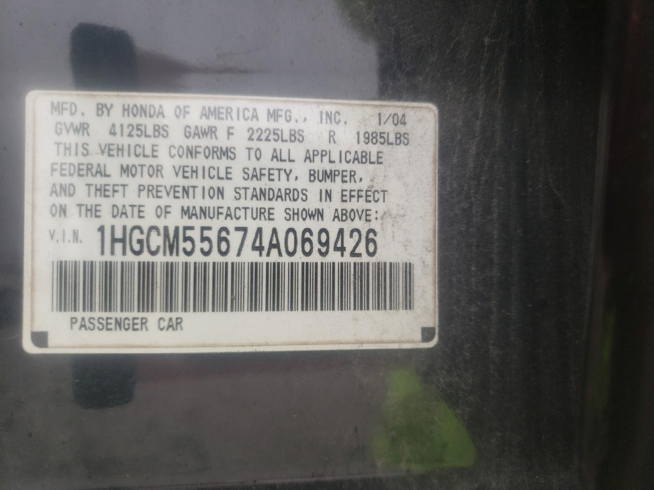 Photo 10 from auction – 2004 HONDA ACCORD EX with VIN 1HGCM55674A069426