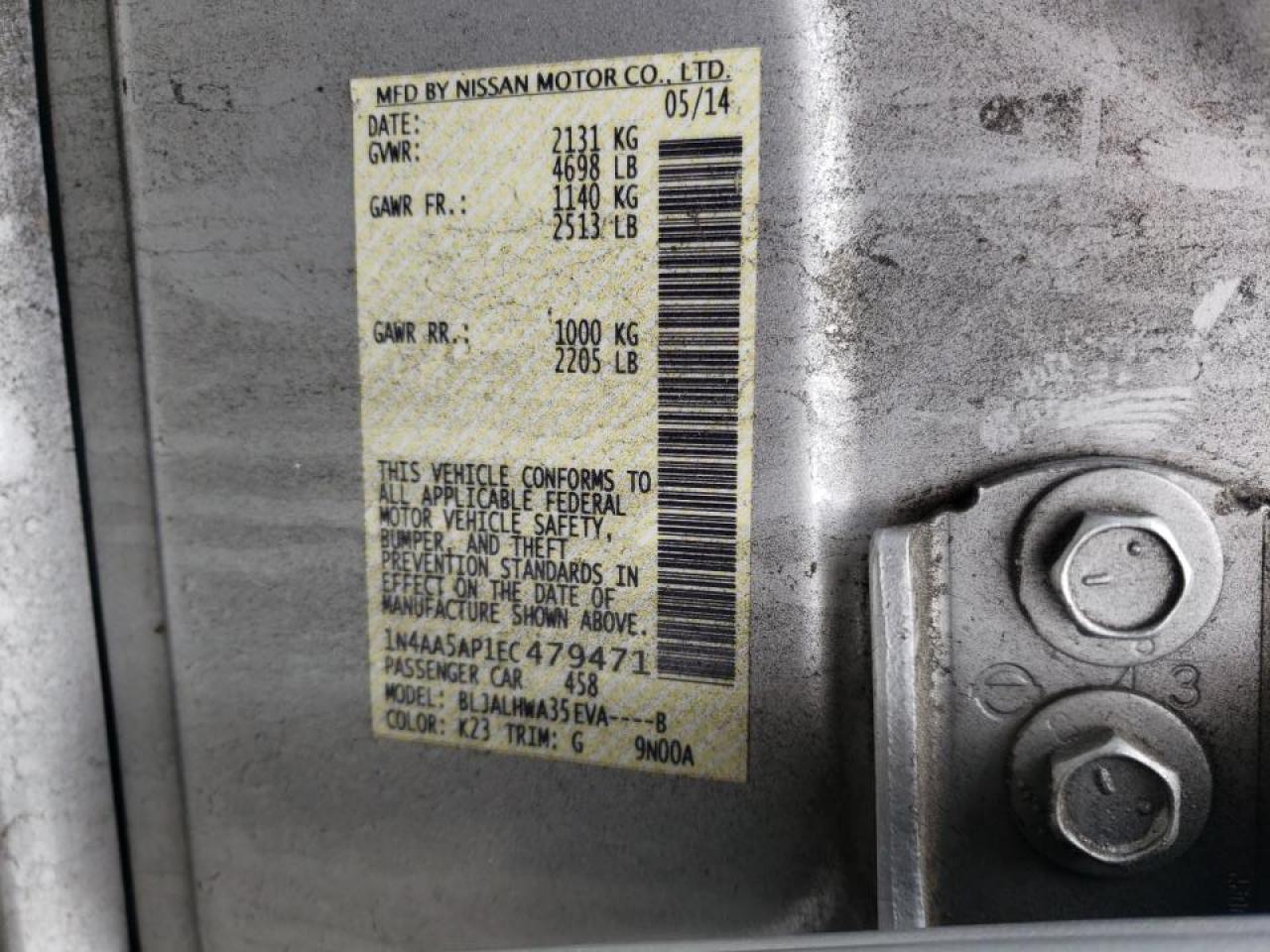 Photo 10 from auction – 2014 NISSAN MAXIMA S with VIN 1N4AA5AP1EC479471