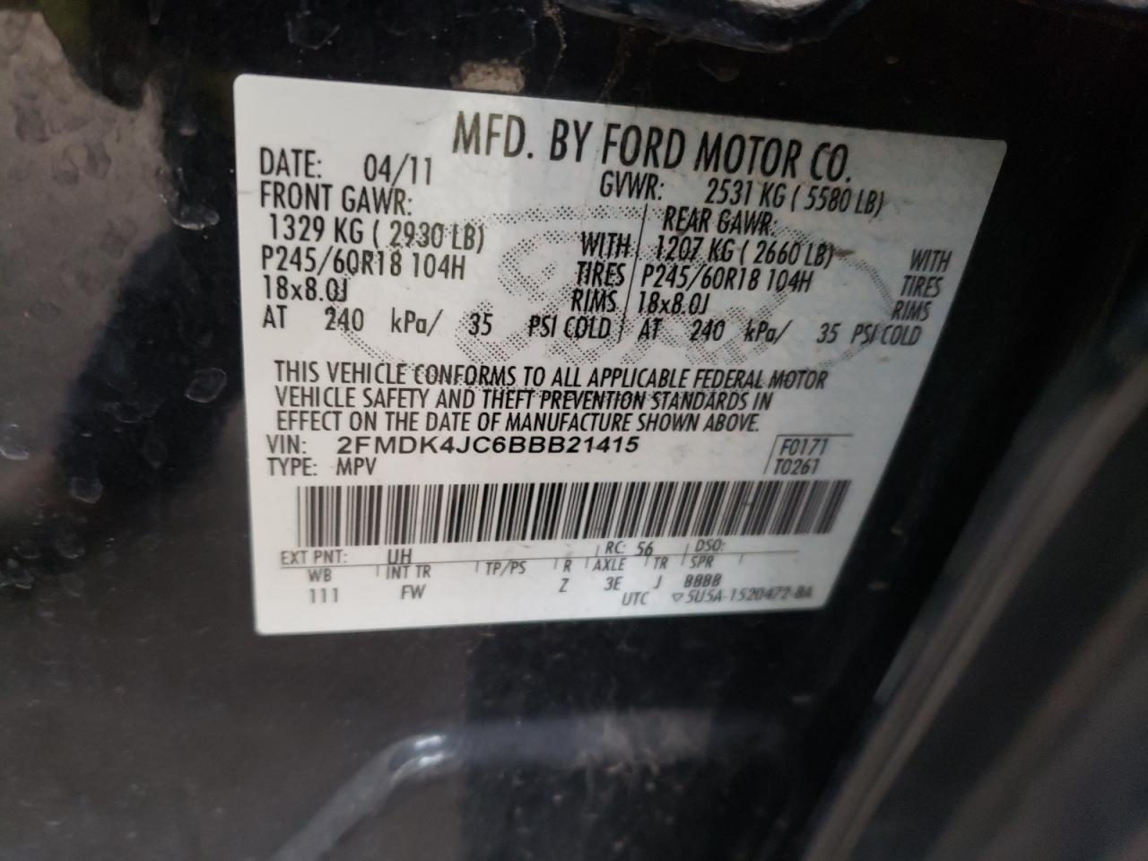 Photo 10 from auction – 2011 FORD EDGE SEL with VIN 2FMDK4JC6BBB21415