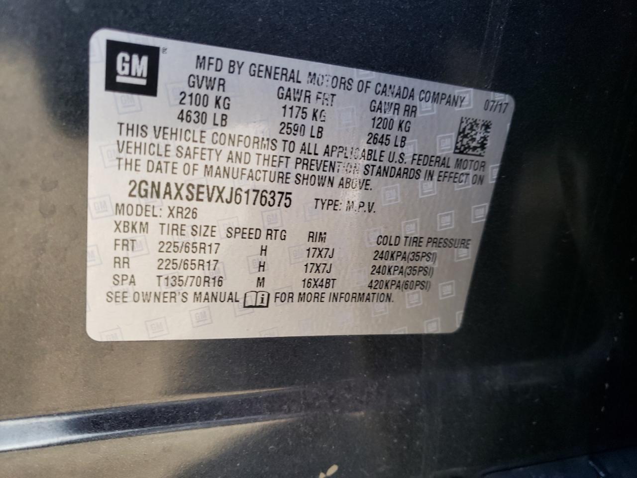 Photo 10 from auction – 2018 CHEVROLET EQUINOX LT with VIN 2GNAXSEVXJ6176375
