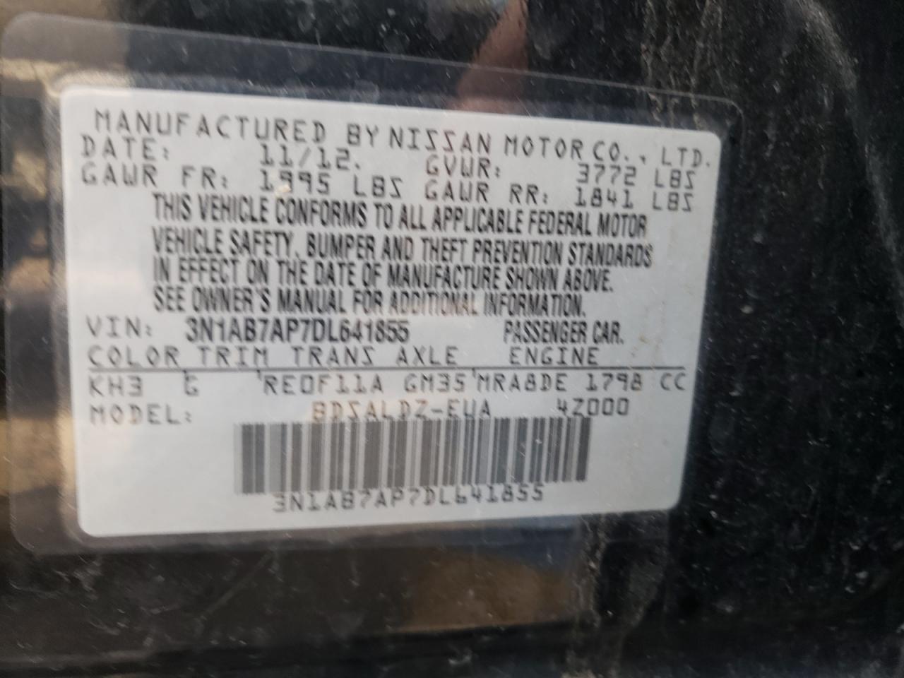 Photo 10 from auction – 2013 NISSAN SENTRA S with VIN 3N1AB7AP7DL641855