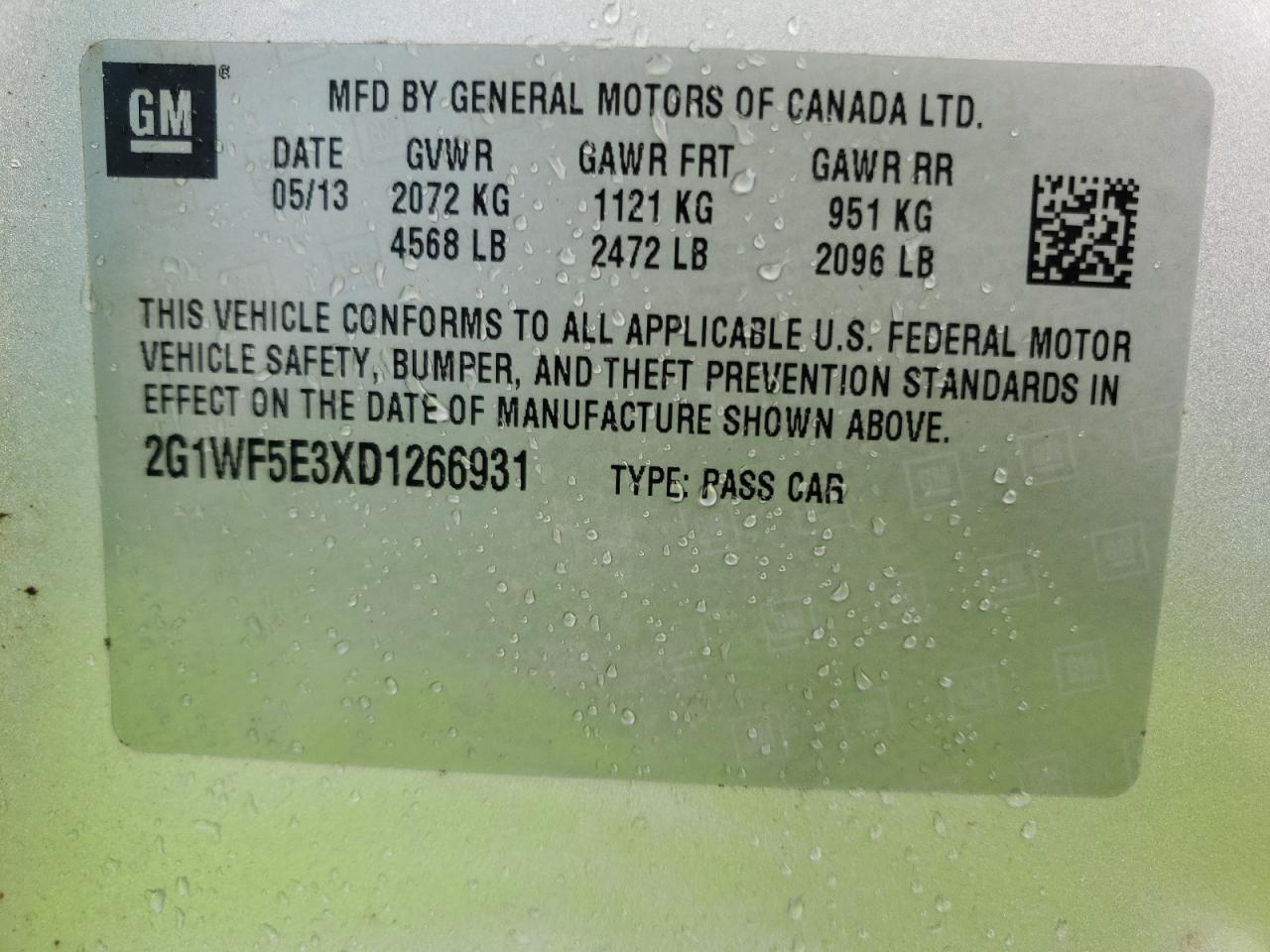 Photo 10 from auction – 2013 CHEVROLET IMPALA LS with VIN 2G1WF5E3XD1266931