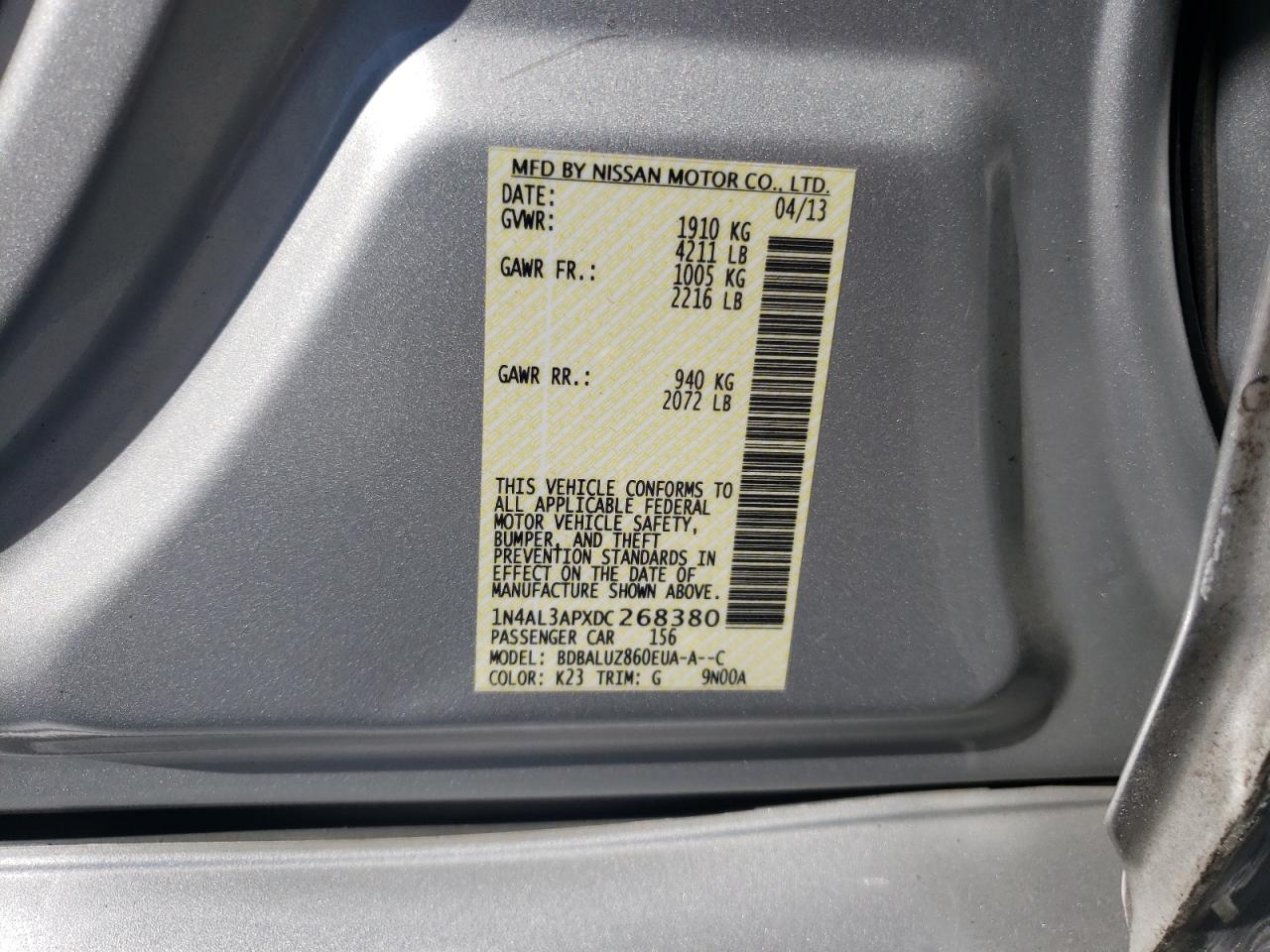 Photo 10 from auction – 2013 NISSAN ALTIMA 2.5 with VIN 1N4AL3APXDC268380