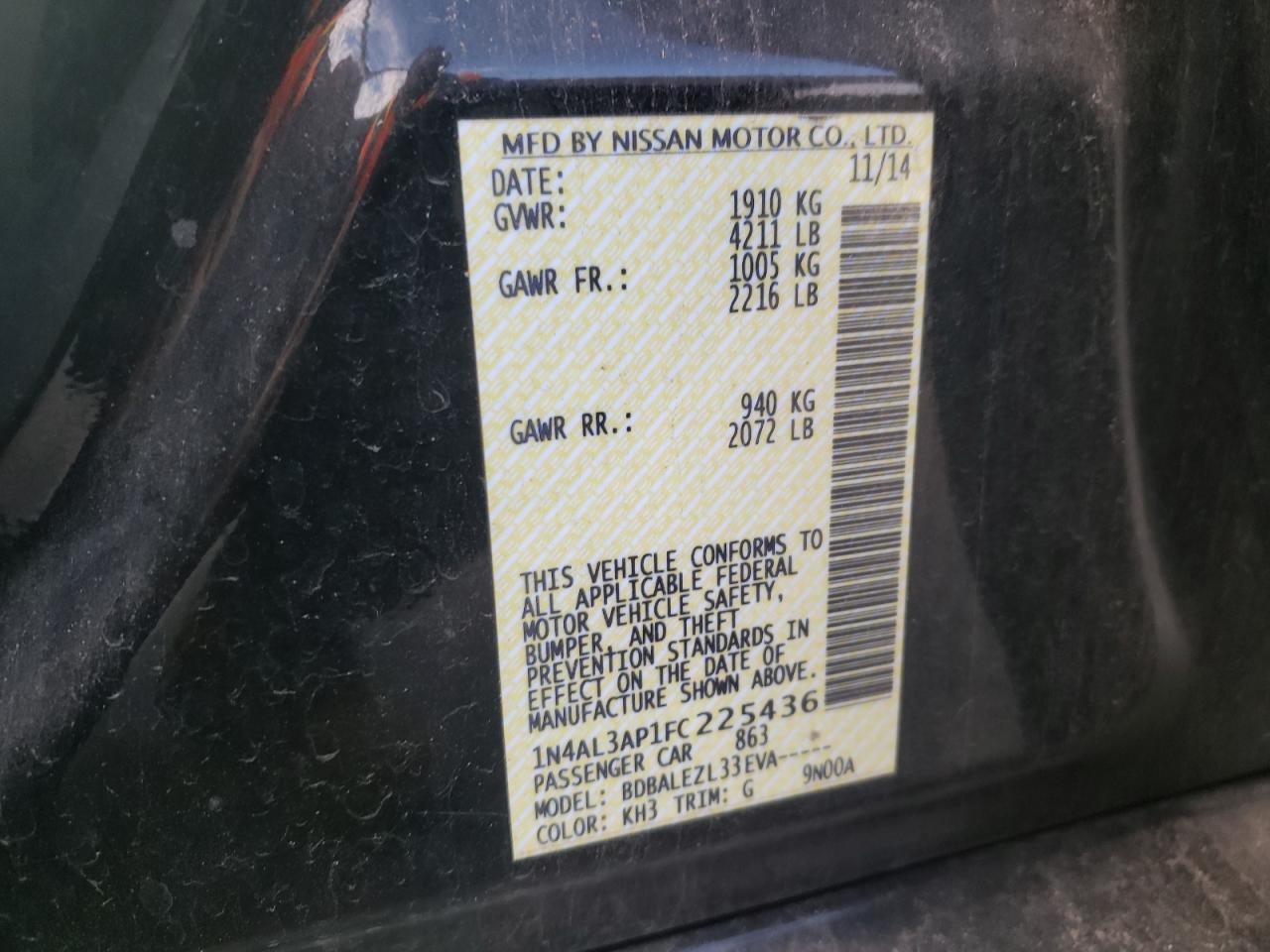 Photo 10 from auction – 2015 NISSAN ALTIMA 2.5 with VIN 1N4AL3AP1FC225436