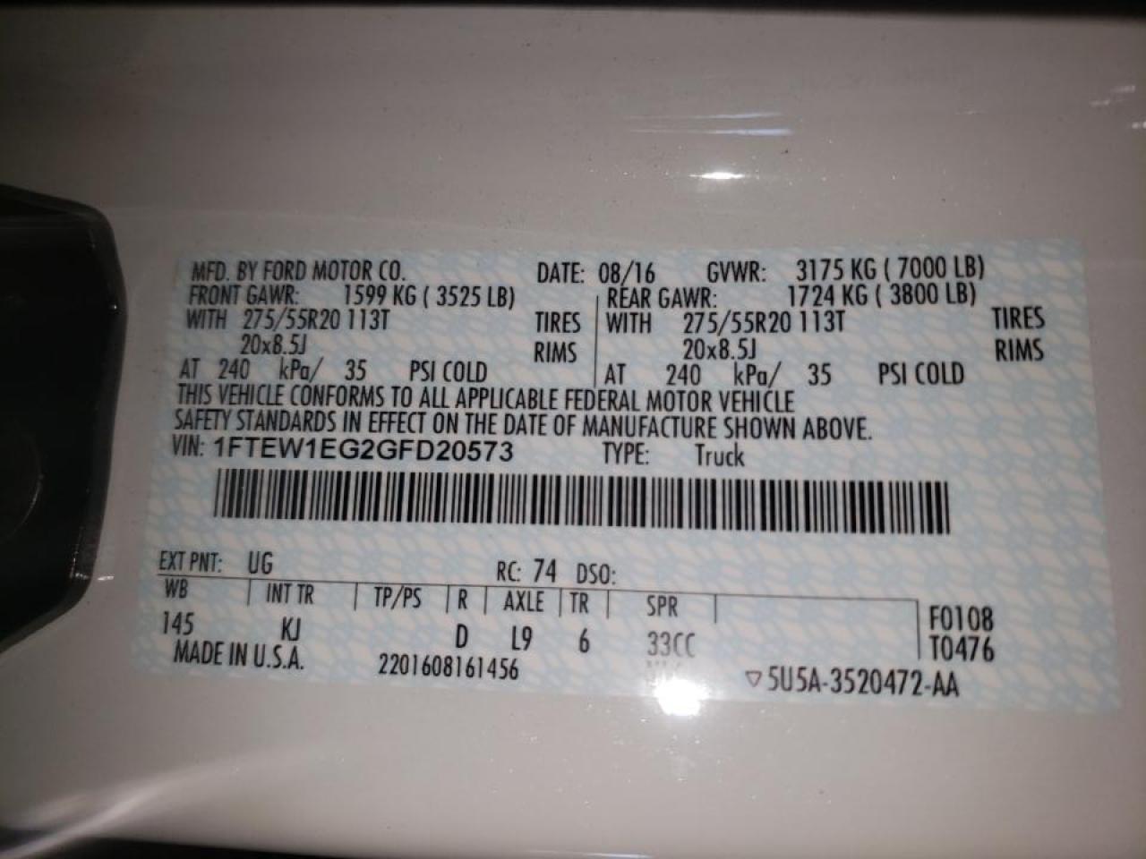 Photo 10 from auction – 2016 FORD F150 SUPER with VIN 1FTEW1EG2GFD20573