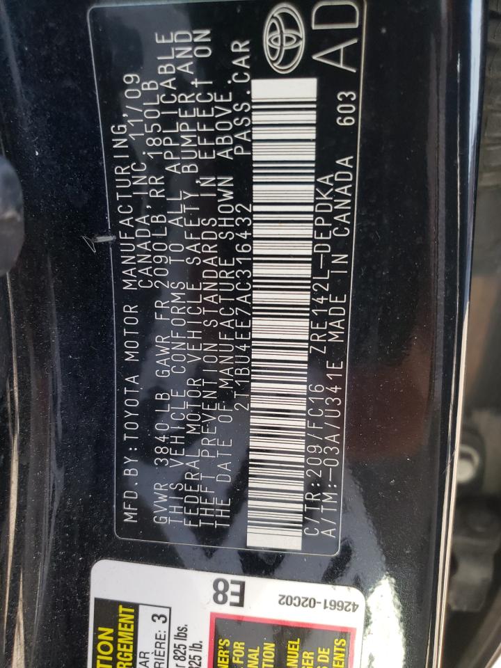 Photo 10 from auction – 2010 TOYOTA COROLLA BA with VIN 2T1BU4EE7AC316432