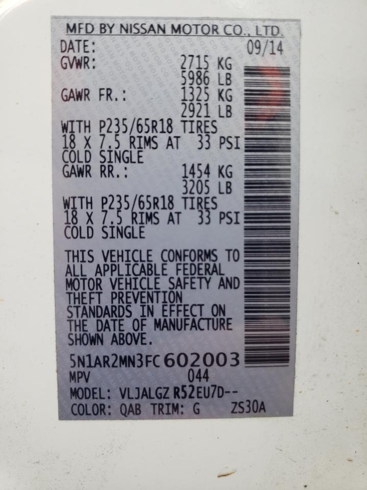 Photo 10 from auction – 2015 NISSAN PATHFINDER with VIN 5N1AR2MN3FC602003
