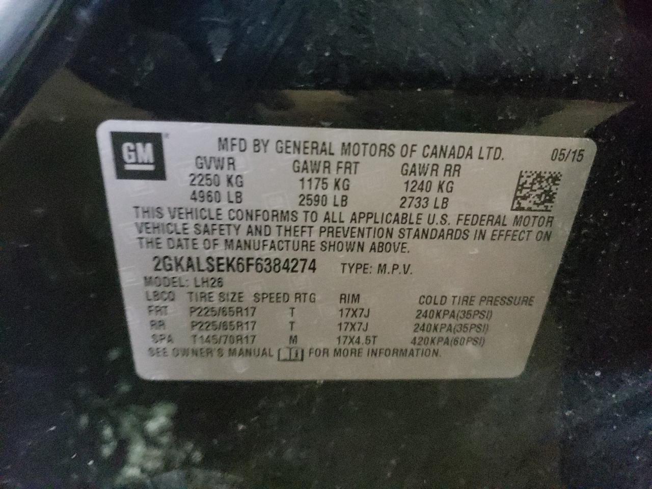 Photo 10 from auction – 2015 GMC TERRAIN SL with VIN 2GKALSEK6F6384274