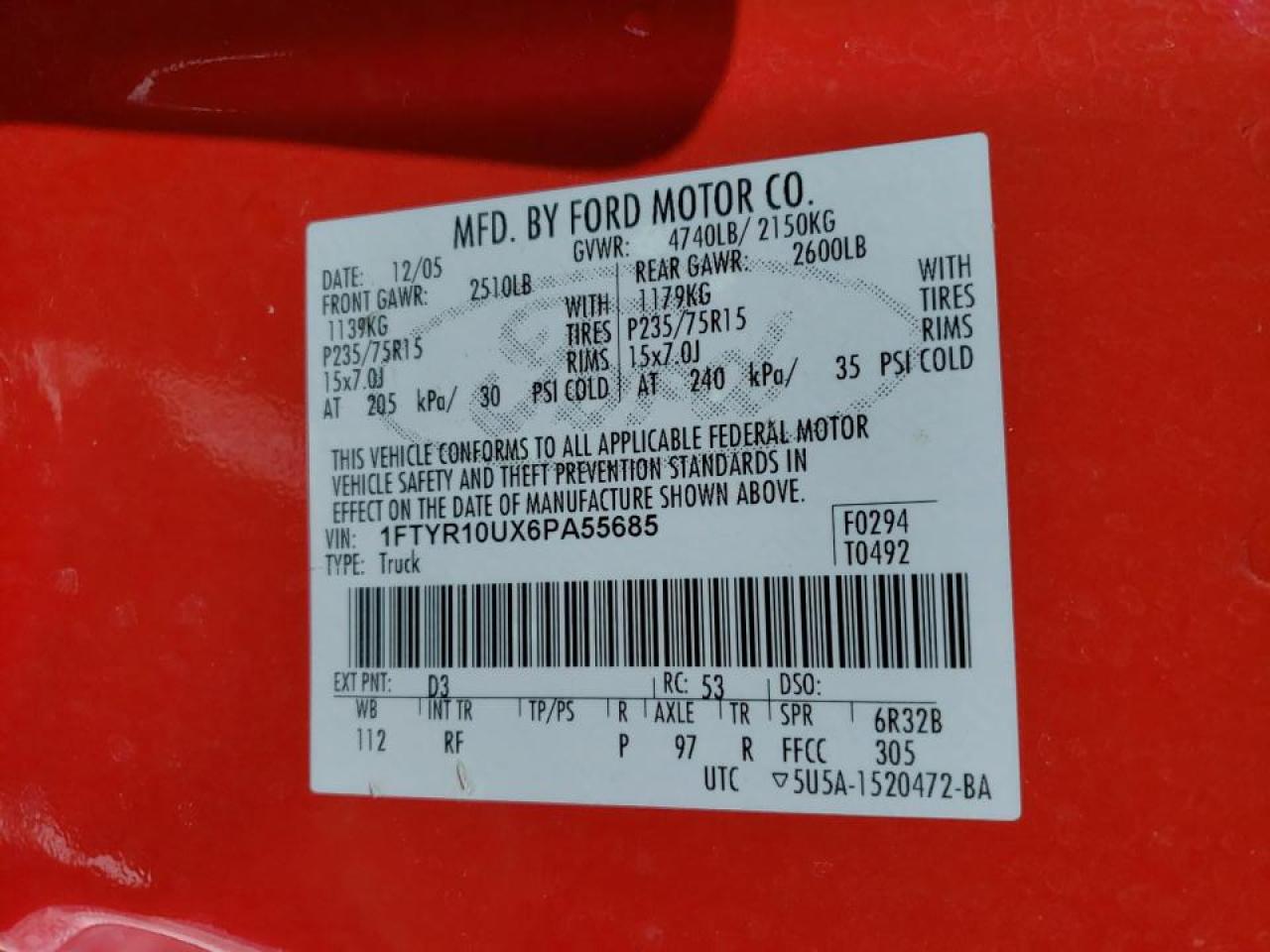 Photo 10 from auction – 2006 FORD RANGER with VIN 1FTYR10UX6PA55685