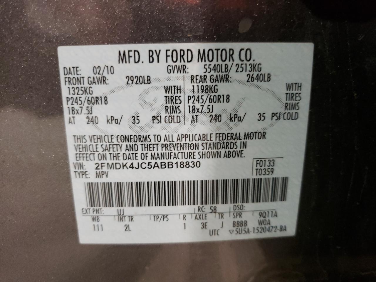 Photo 10 from auction – 2010 FORD EDGE SEL with VIN 2FMDK4JC5ABB18830