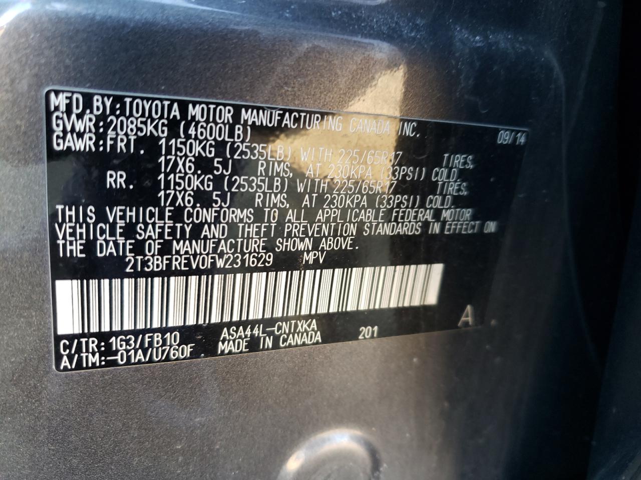 Photo 10 from auction – 2015 TOYOTA RAV4 LE with VIN 2T3BFREV0FW231629