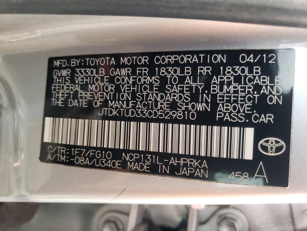 Photo 10 from auction – 2012 TOYOTA YARIS with VIN JTDKTUD33CD529810
