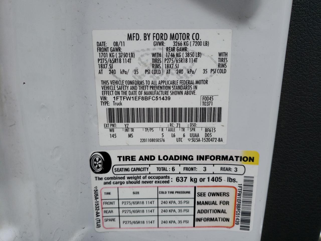 Photo 10 from auction – 2011 FORD F150 SUPER with VIN 1FTFW1EF8BFC51439