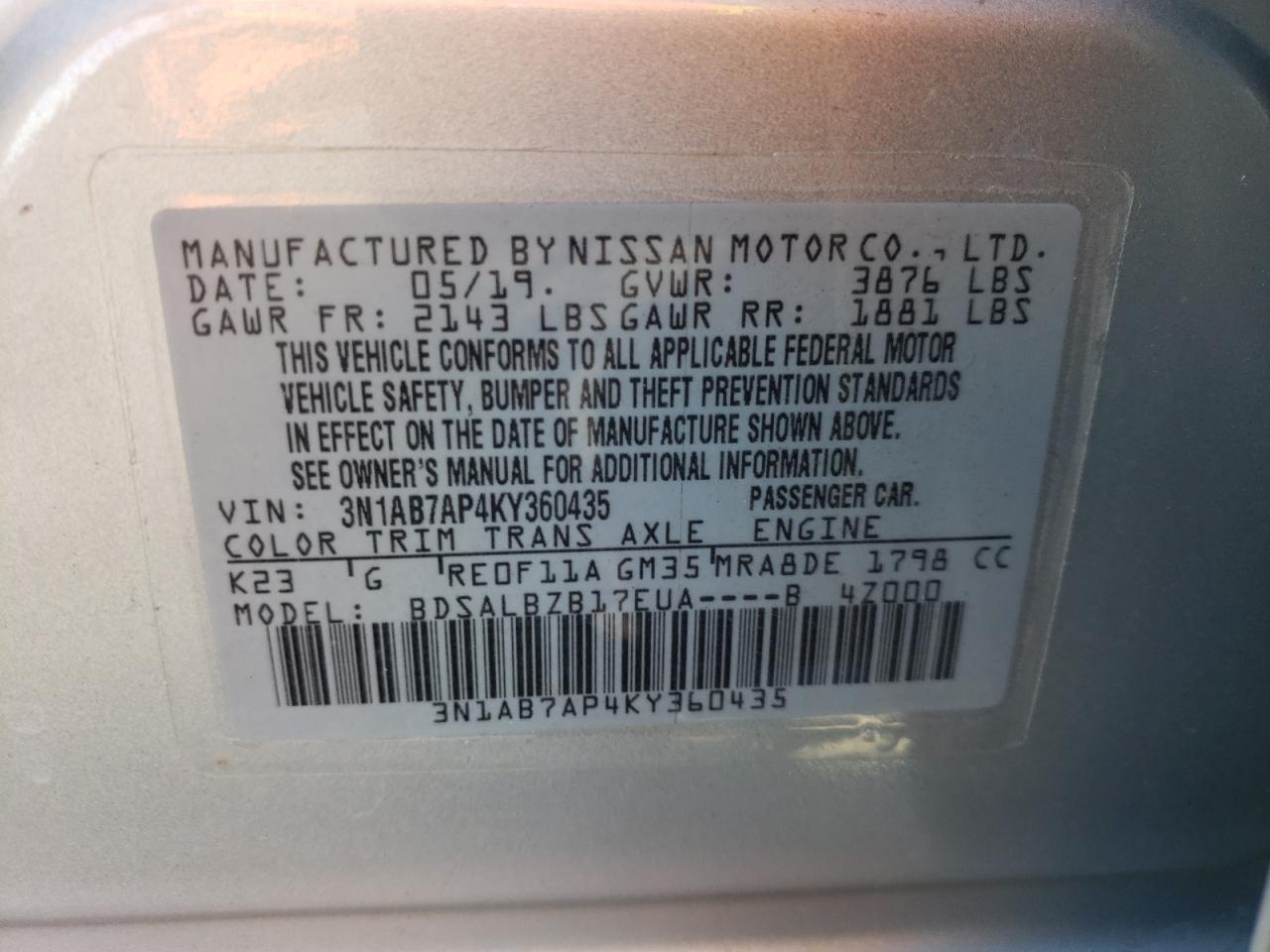 Photo 10 from auction – 2019 NISSAN SENTRA S with VIN 3N1AB7AP4KY360435
