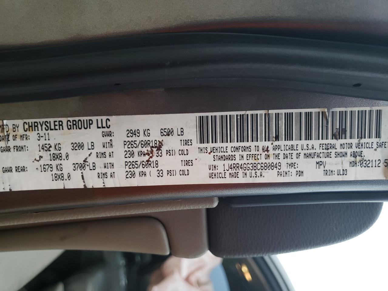 Photo 10 from auction – 2011 JEEP GRAND CHER with VIN 1J4RR4GG3BC680849
