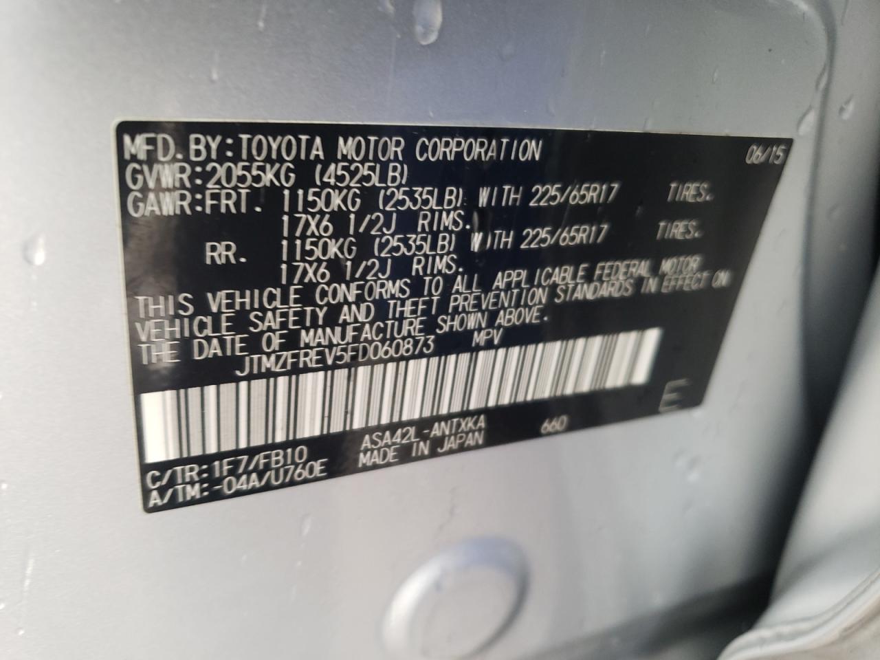 Photo 10 from auction – 2015 TOYOTA RAV4 LE with VIN JTMZFREV5FD060873
