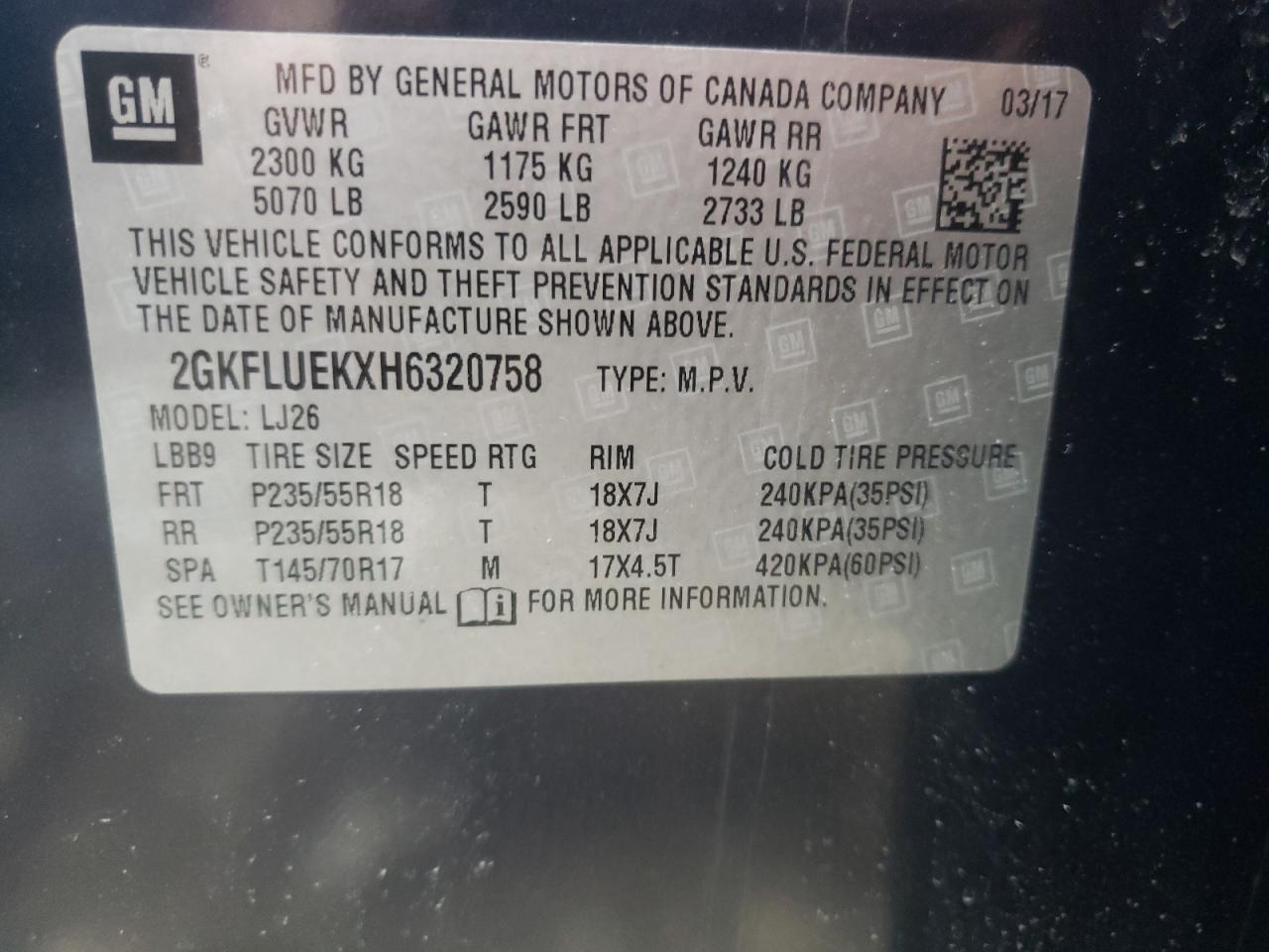Photo 10 from auction – 2017 GMC TERRAIN SL with VIN 2GKFLUEKXH6320758