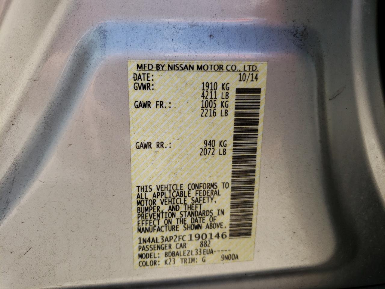 Photo 10 from auction – 2015 NISSAN ALTIMA 2.5 with VIN 1N4AL3AP2FC190146