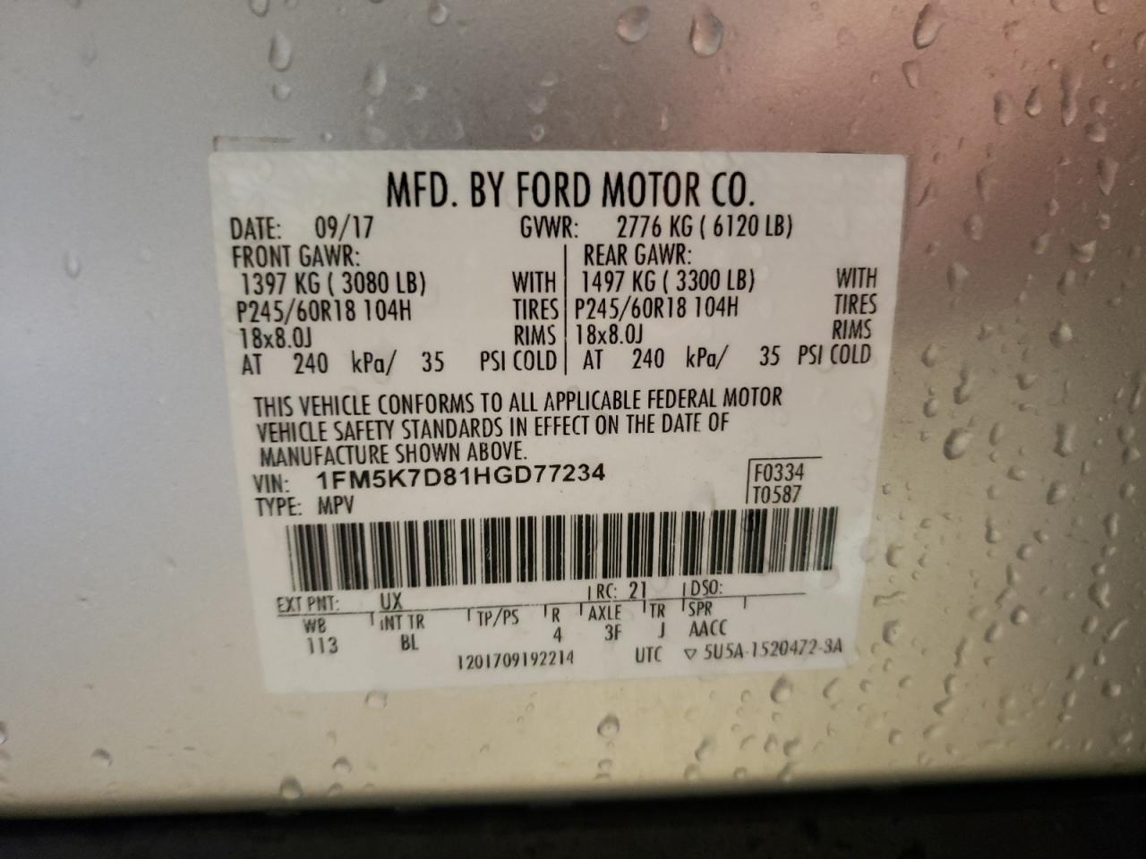 Photo 10 from auction – 2017 FORD EXPLORER X with VIN 1FM5K7D81HGD77234