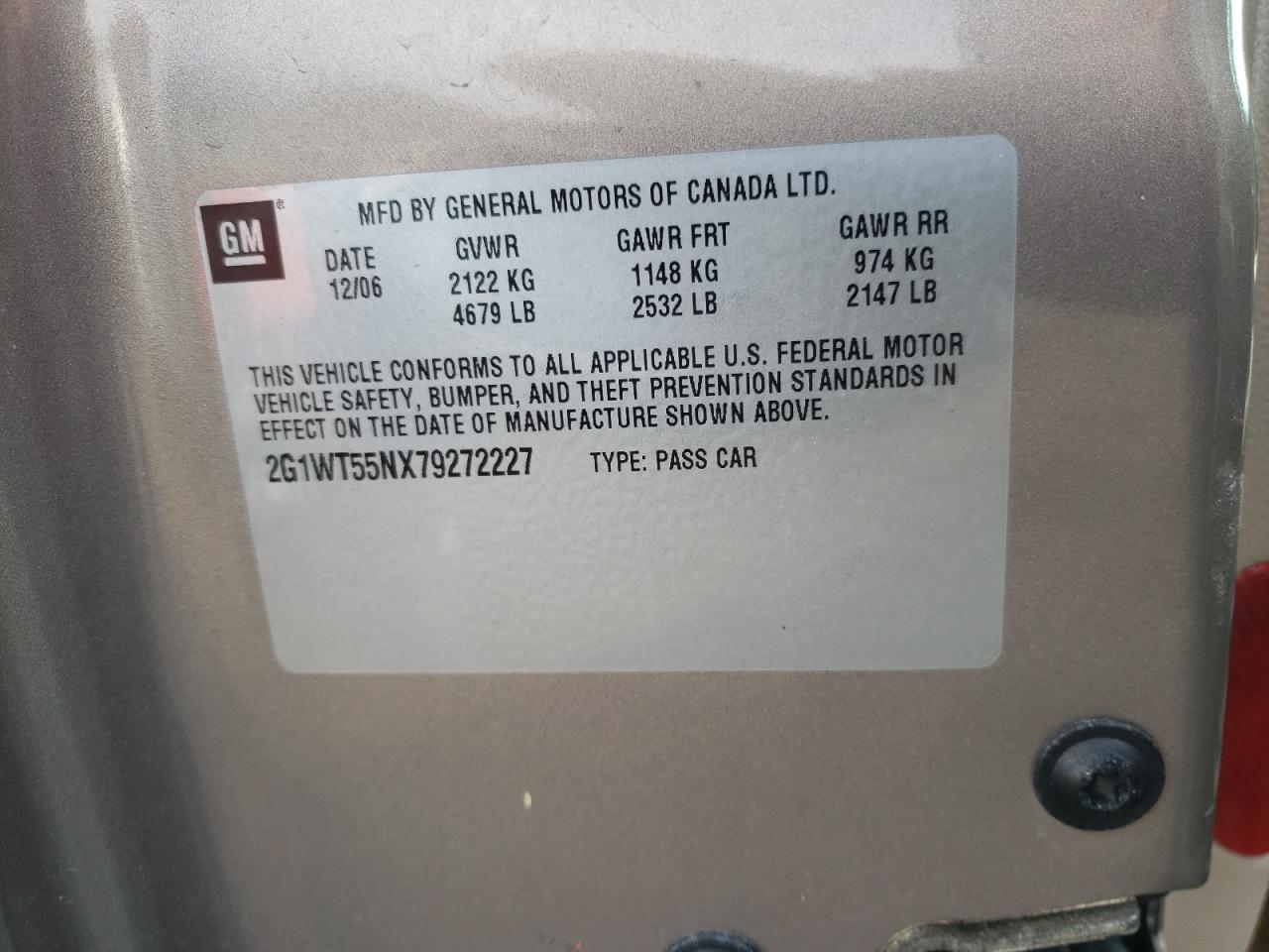 Photo 10 from auction – 2007 CHEVROLET IMPALA LT with VIN 2G1WT55NX79272227