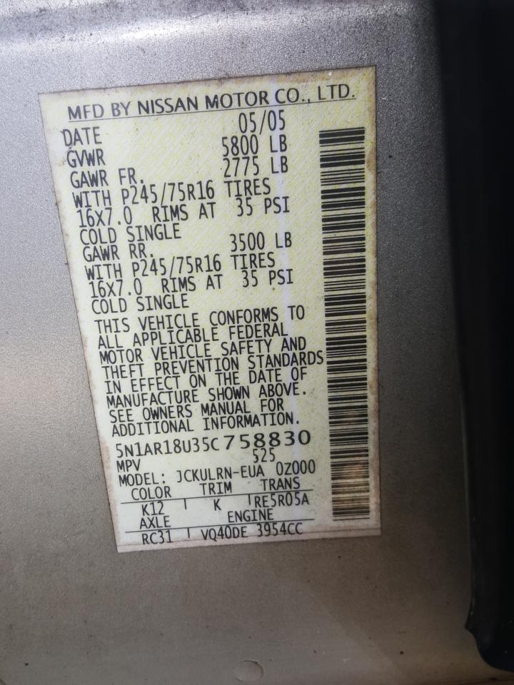 Photo 10 from auction – 2005 NISSAN PATHFINDER with VIN 5N1AR18U35C758830