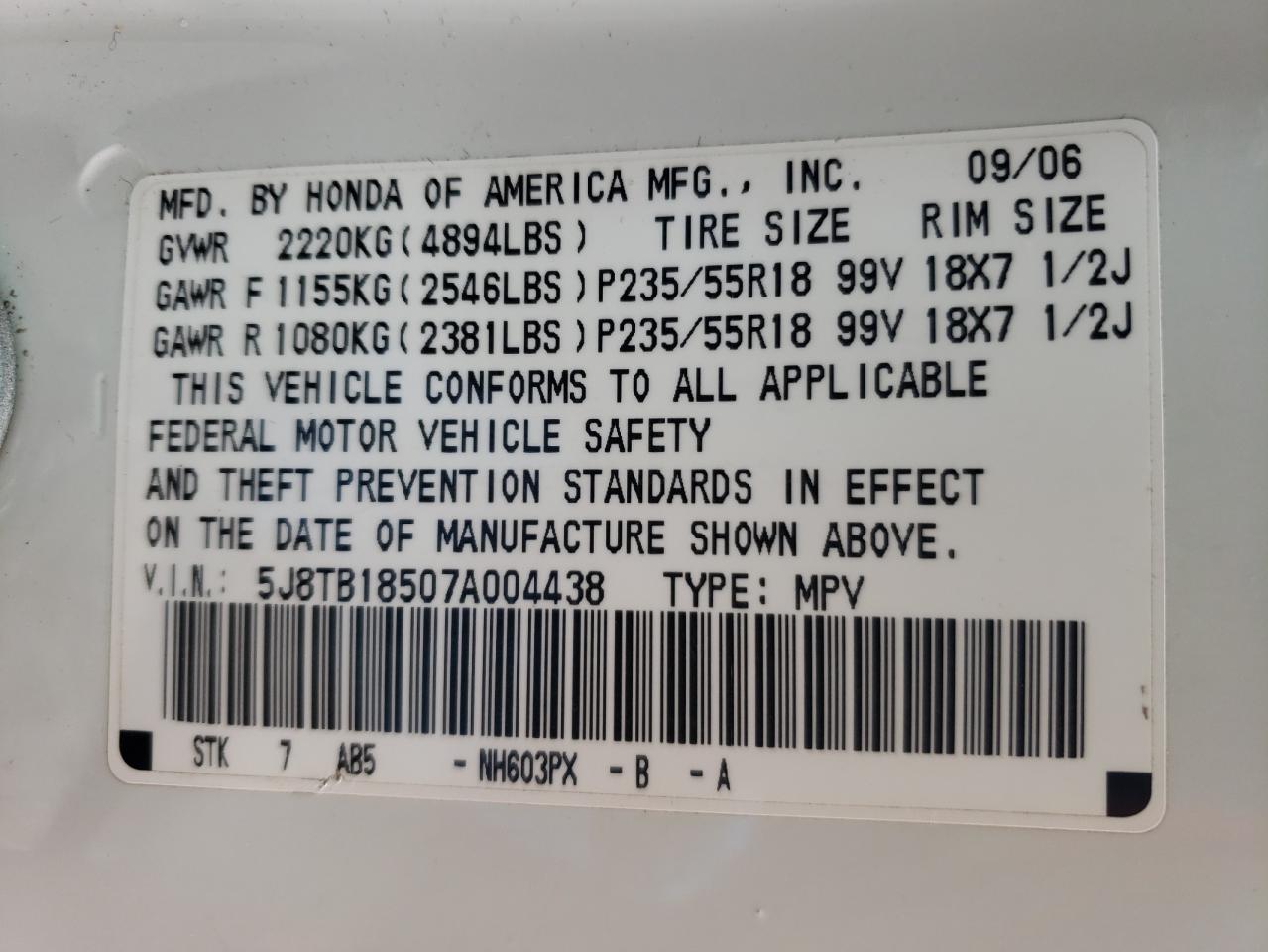 Photo 10 from auction – 2007 ACURA RDX TECHNO with VIN 5J8TB18507A004438