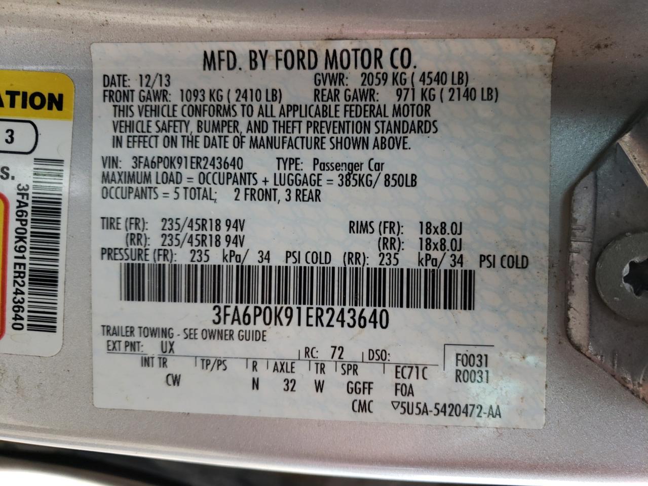 Photo 10 from auction – 2014 FORD FUSION TIT with VIN 3FA6P0K91ER243640